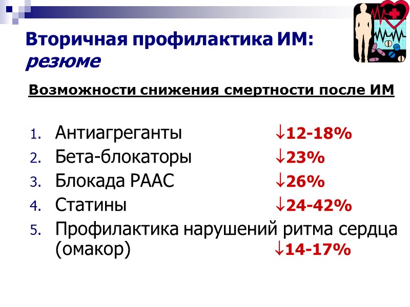 Вторичная профилактика ИМ: резюме  Антиагреганты    12-18% Бета-блокаторы   23%